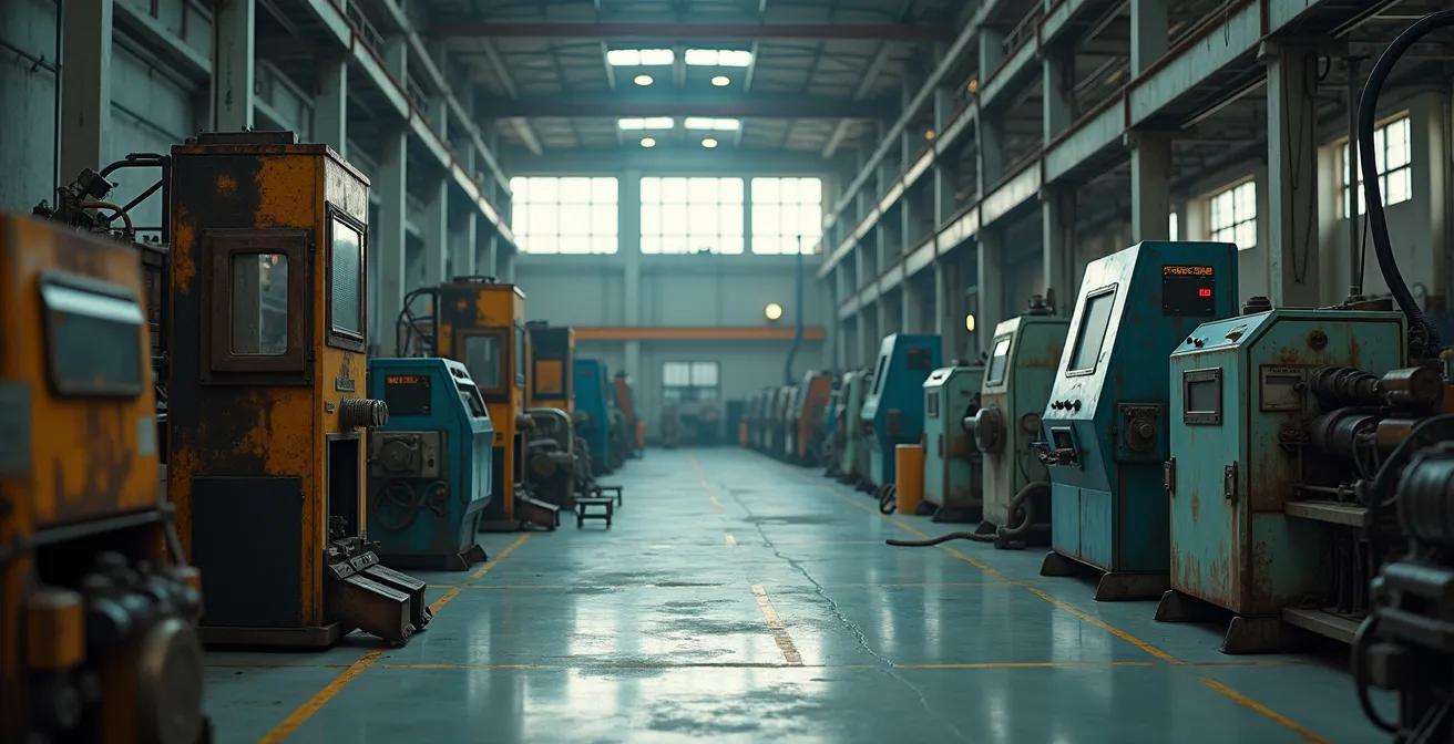 Vue d'une usine moderne montrant d'anciens équipements industriels côtoyant des technologies avancées, symbolisant le choix entre modernisation et remplacement