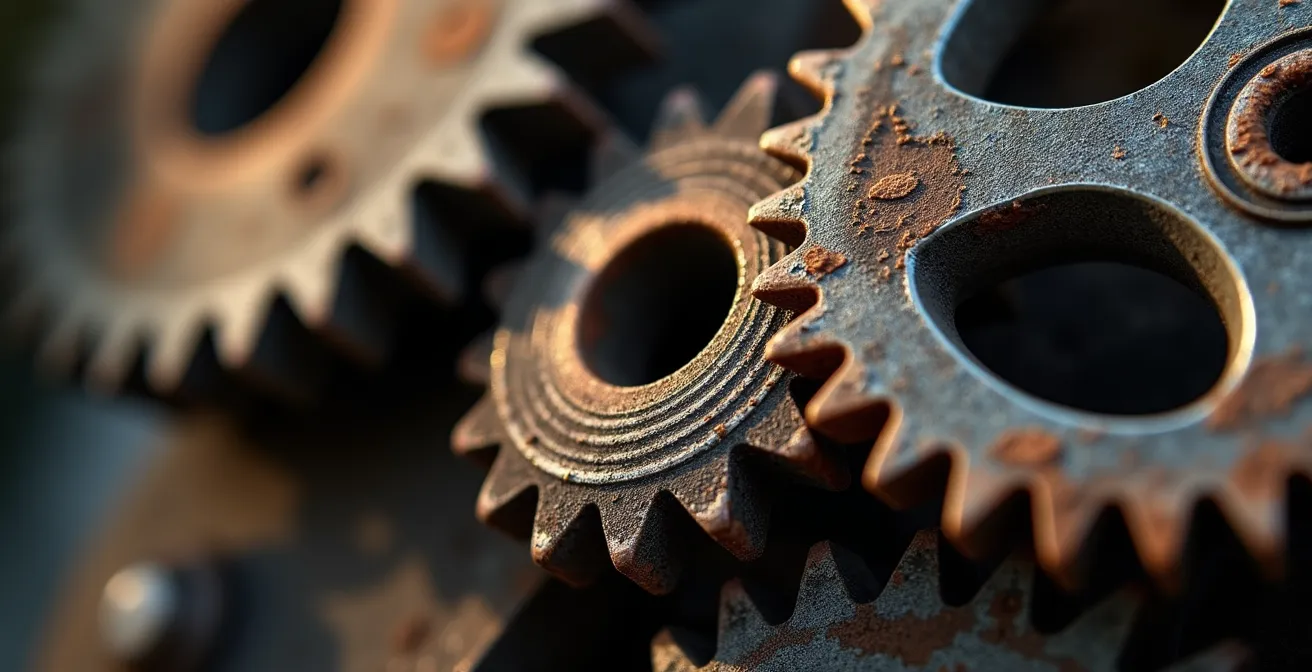 Gros plan sur des engrenages industriels montrant l'usure et la patine du temps, symbolisant l'obsolescence des équipements