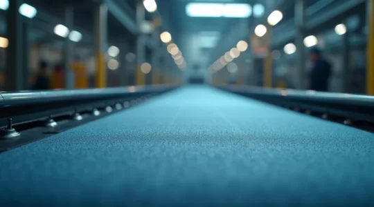 Vue réaliste et épurée d'une chaîne de production industrielle intégrant des textiles techniques avec éclairage cinématographique et composition harmonieuse