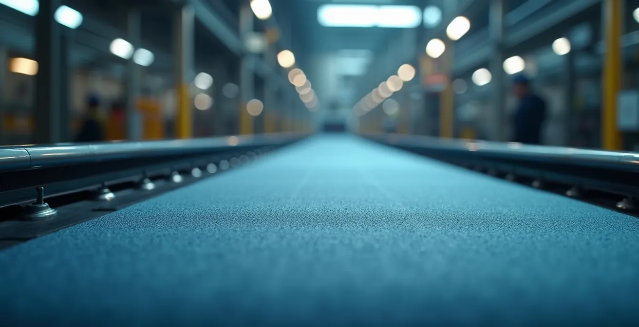 Vue réaliste et épurée d'une chaîne de production industrielle intégrant des textiles techniques avec éclairage cinématographique et composition harmonieuse