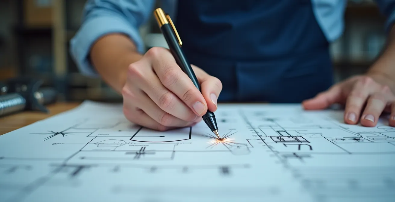 Main d'ingénieur pointant sur une représentation schématique de normes techniques avec des symboles de soudure