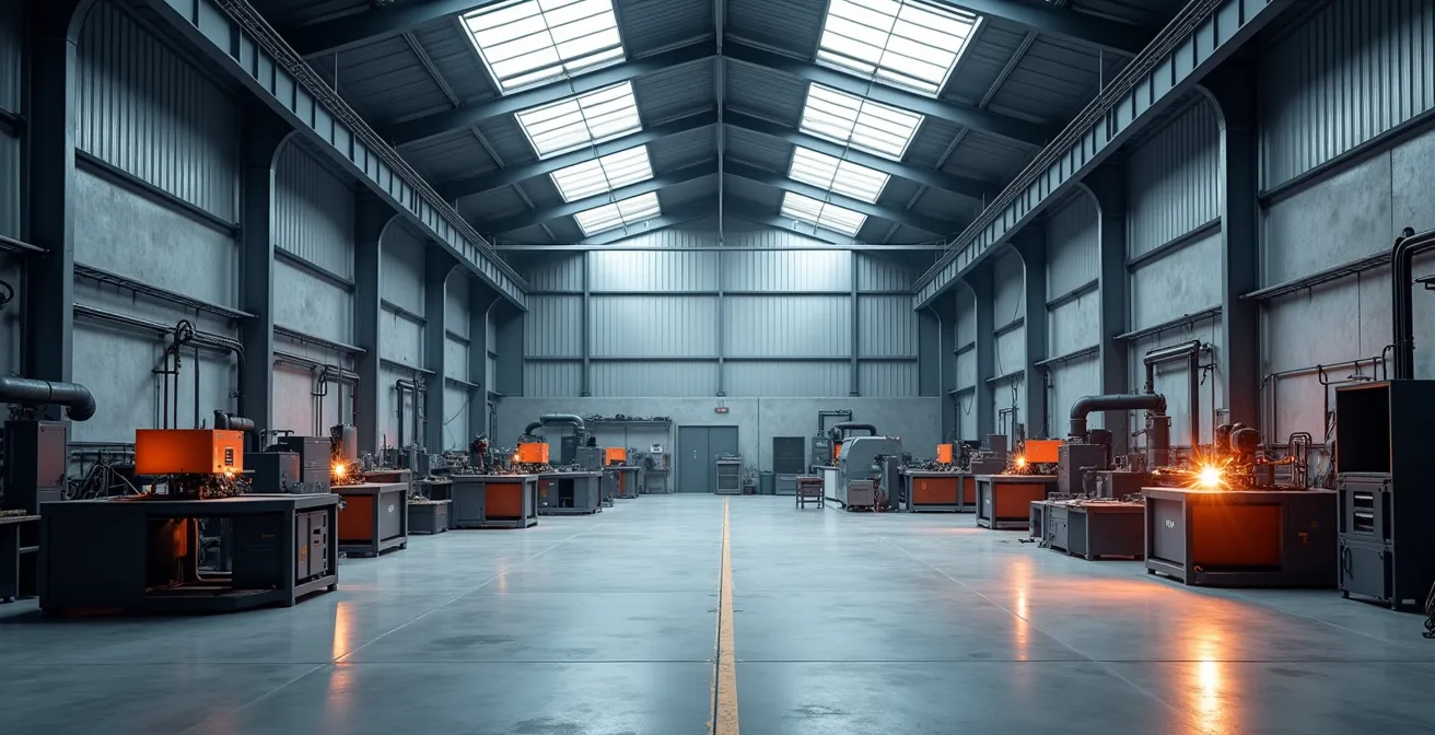 Vue large d'un atelier de chaudronnerie moderne avec différents postes de soudage et équipements industriels