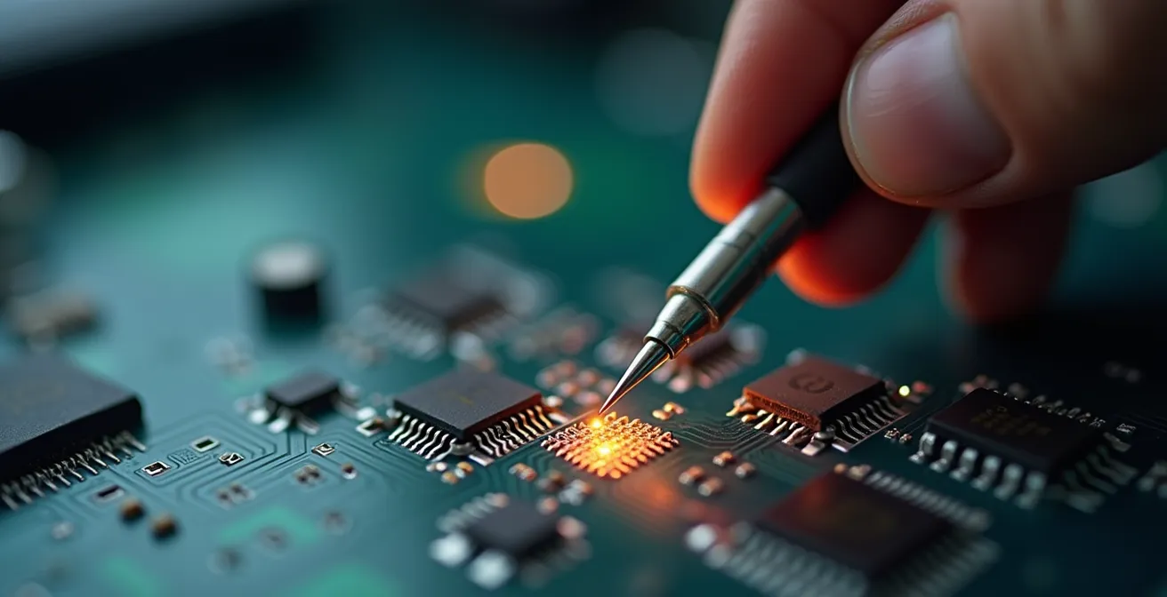 Détail macro d'une main utilisant un outil de diagnostic sur circuit imprimé