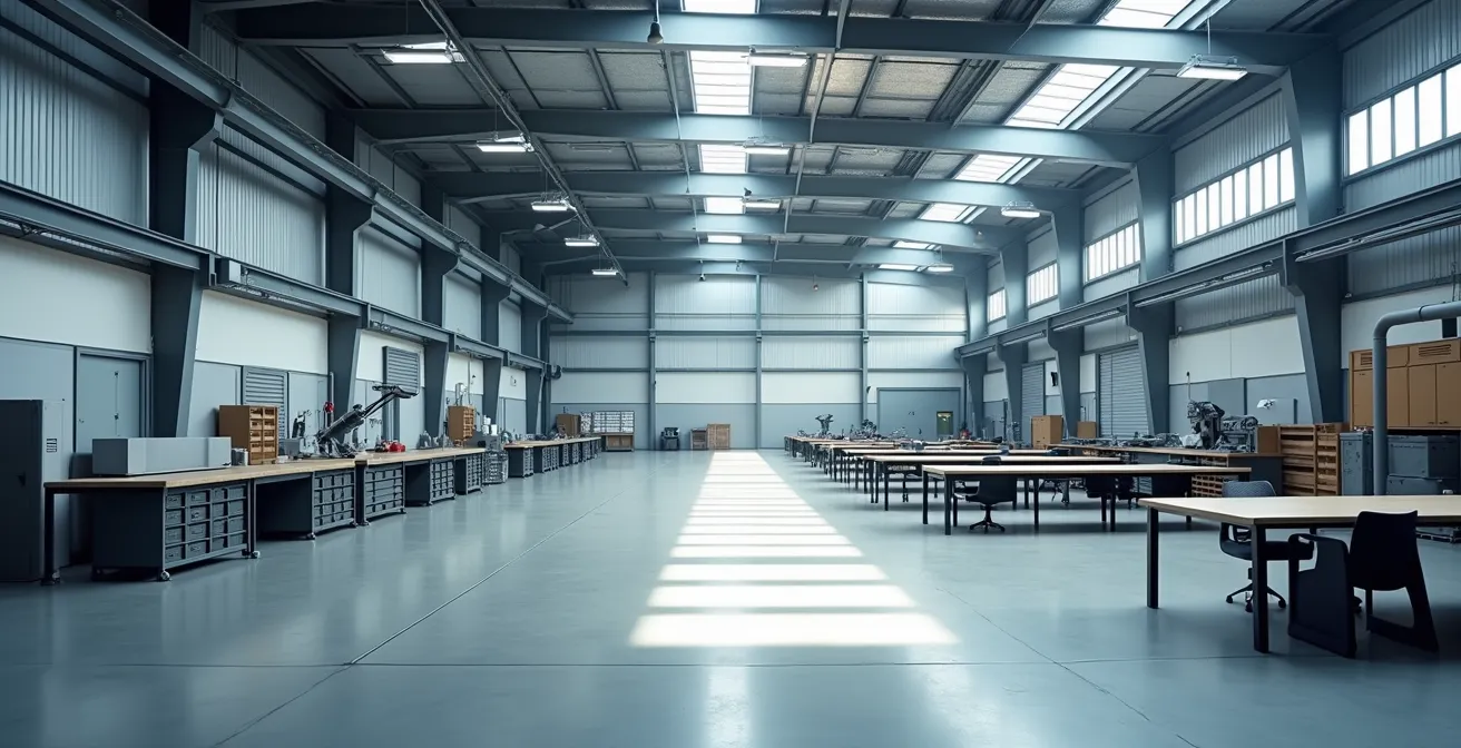 Vue aérienne d'un atelier industriel moderne avec espaces de formation