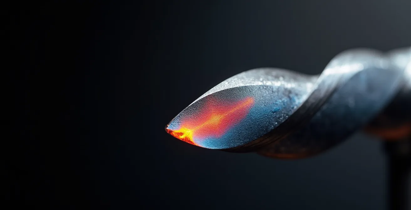 Vue macro d'une arête de coupe de fraise carbure avec visualisation thermique