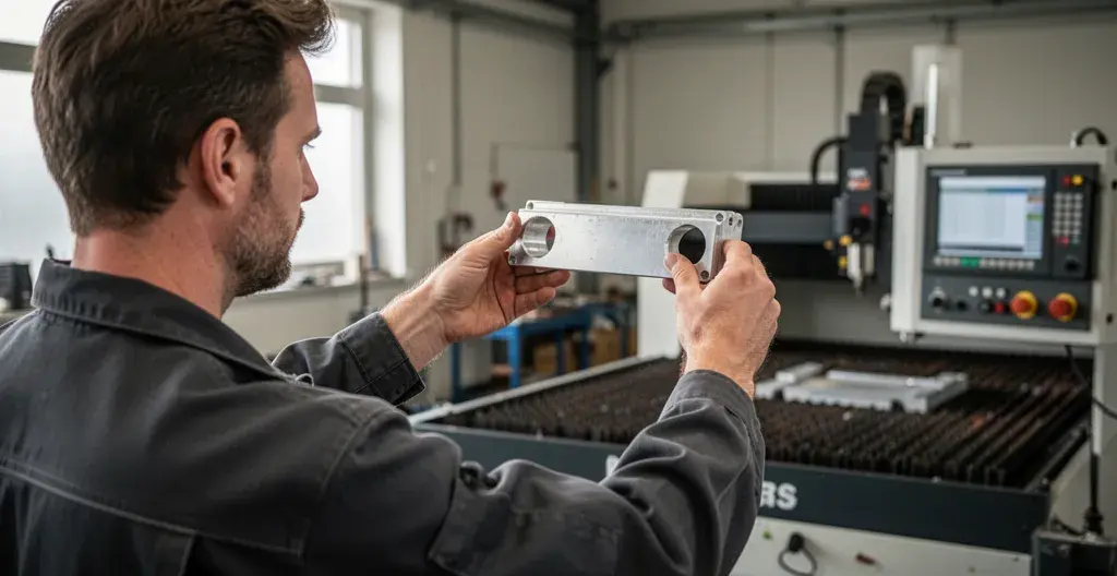 Opérateur inspectant une pièce aluminium soudée au laser en atelier