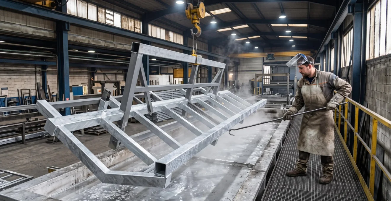 Une structure de pergola en acier plongée dans un bain de galvanisation à chaud dans une usine française.
