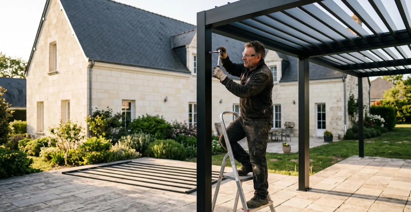 Un métallier serre le dernier boulon d'une pergola en acier sur mesure installée sur une terrasse en pierre près d'Angers.