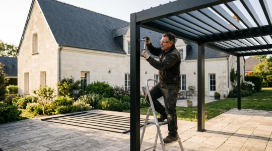 Un métallier serre le dernier boulon d'une pergola en acier sur mesure installée sur une terrasse en pierre près d'Angers.